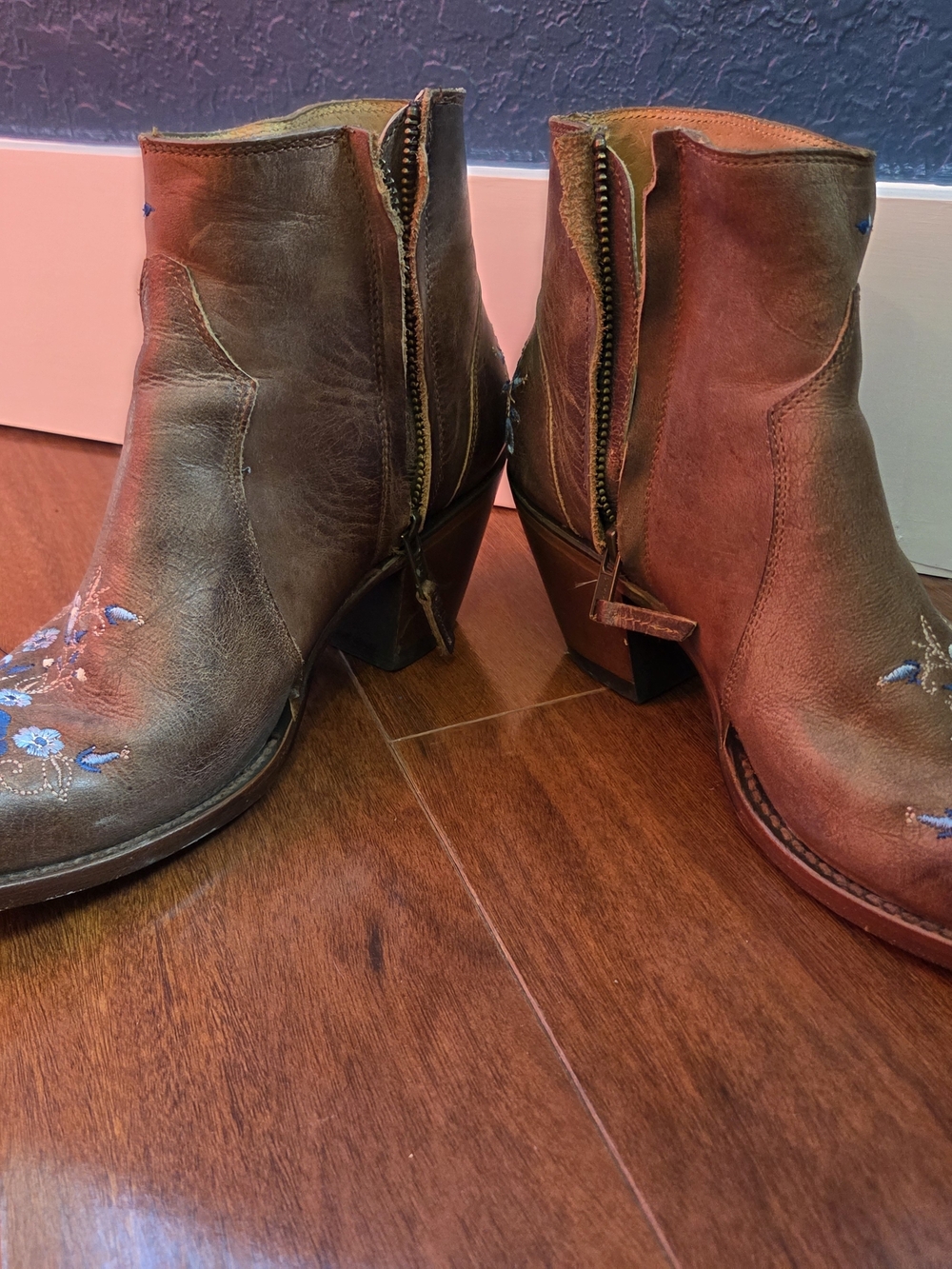 Shyanne Brown Ankle Boots with Blue Floral Embroidery - Picture 3 of 4